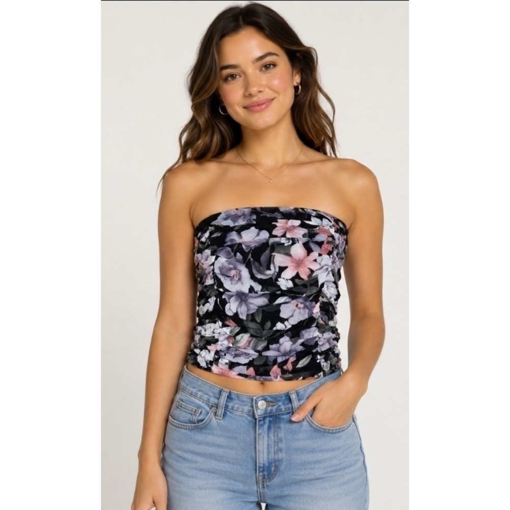 Honey Punch Black Floral Strapless Top NWT Large Ruched Strapless Blouse L300